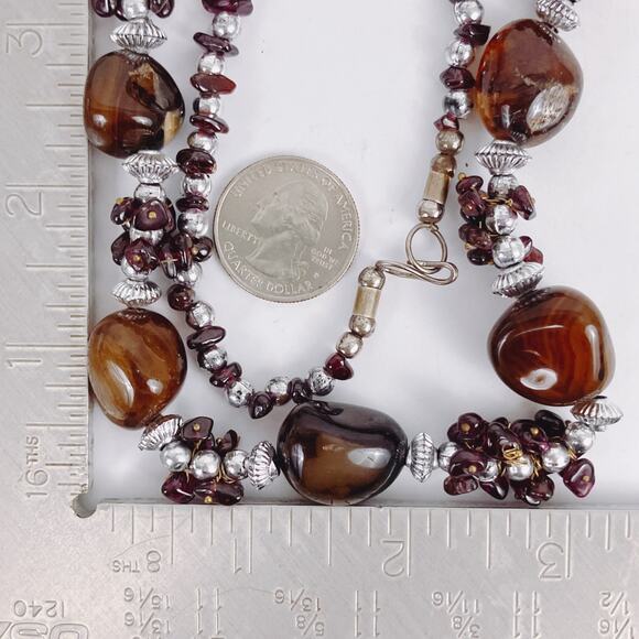 Vintage Brown Gemstone Agate Garnet Silver Tone Beaded Necklace 22" Boho Jewelry - Picture 10 of 16
